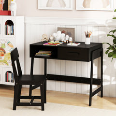 Kids Desk and Chair Set with Drawer and Pine Wood Legs-Black