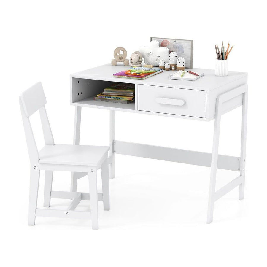 Kids Desk and Chair Set with Drawer and Pine Wood Legs-White