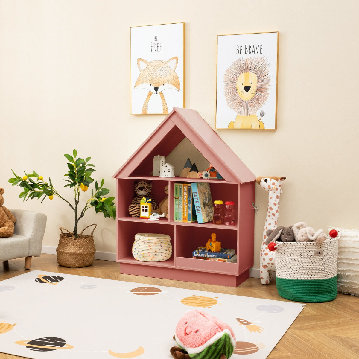 Kids Dollhouse Bookshelf with Anti-toppling Devices and 3-Tier Open Display Shelf for Toddlers-Pink