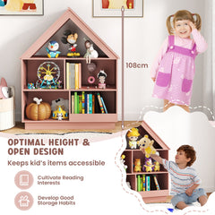 Kids Dollhouse Bookshelf with Anti-toppling Devices and 3-Tier Open Display Shelf for Toddlers-Pink