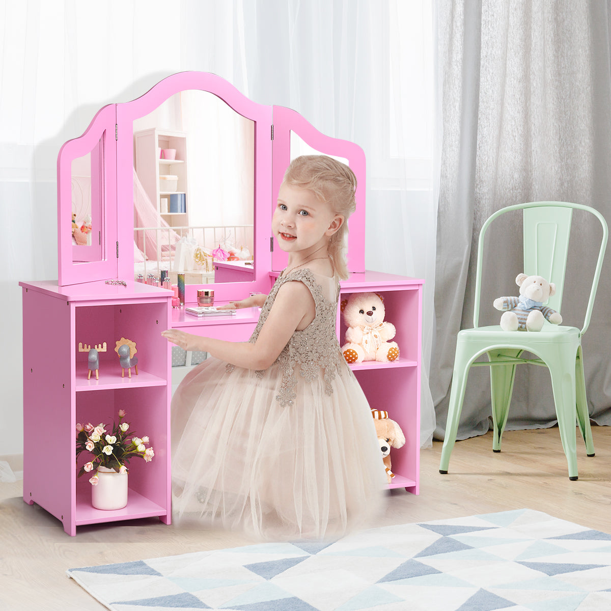 Kids Dressing Table with Foldable and Removable Mirror and Storage Shelf-Pink