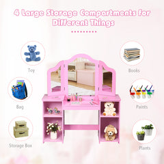 Kids Dressing Table with Foldable and Removable Mirror and Storage Shelf-Pink