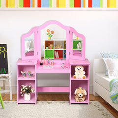 Kids Dressing Table with Foldable and Removable Mirror and Storage Shelf-Pink