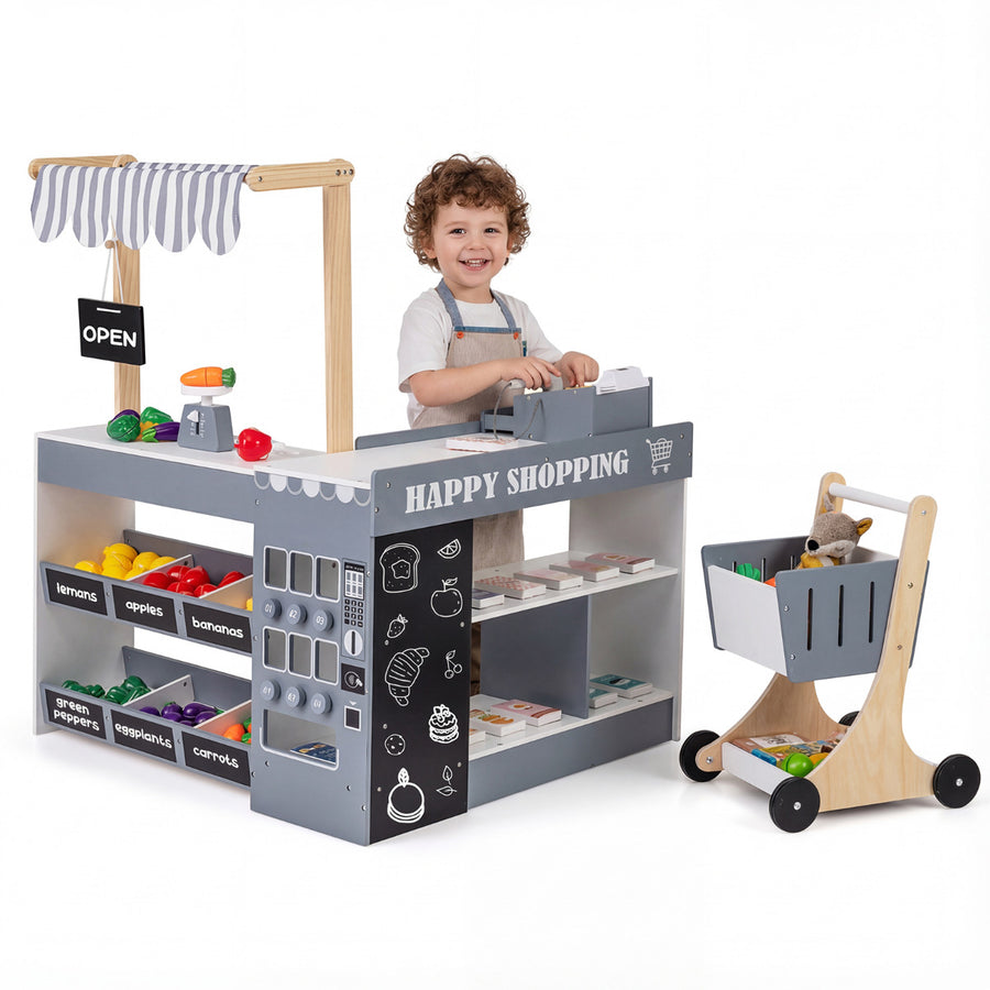 Grocery Wooden Pretend Play Supermarket with Shopping Cart-Gray & White