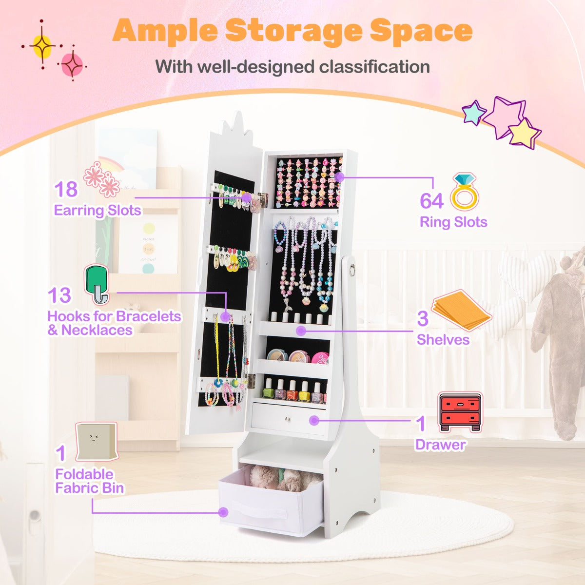 Kids Jewelry Cabinet with Full-Length Mirror and Foldable Drawer-White