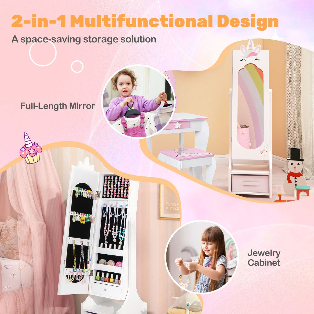 Kids Jewelry Cabinet with Full-Length Mirror and Foldable Drawer-White