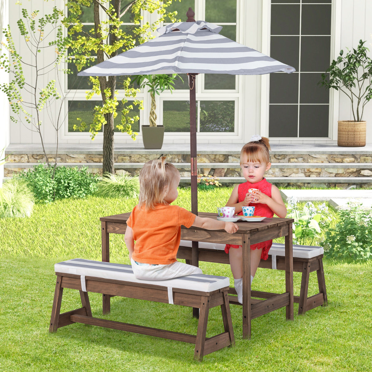 Kids Picnic Table with Cushions and Umbrella-Grey