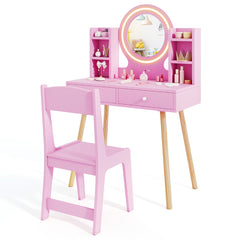 Kids Princess Vanity Desk Set with 2-Color LED Lighted Acrylic Mirror-Pink