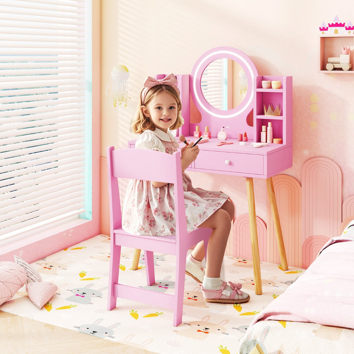 Kids Princess Vanity Desk Set with 2-Color LED Lighted Acrylic Mirror-Pink