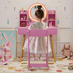Kids Princess Vanity Desk Set with 2-Color LED Lighted Acrylic Mirror-Pink