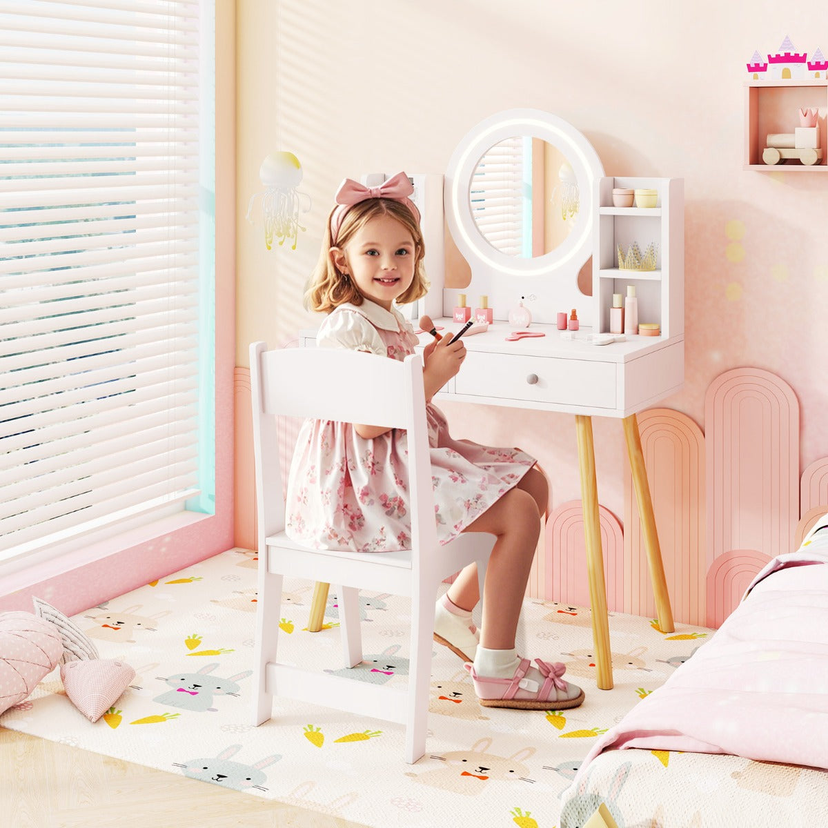 Kids Princess Vanity Desk Set with 2-Color LED Lighted Acrylic Mirror-White
