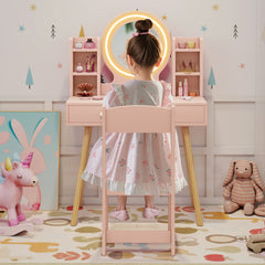 Kids Princess Vanity Desk Set with 2-Color LED Lighted Acrylic Mirror-Light Pink