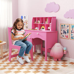 Kids Study Desk and Chair Set with Hutch and Storage Cabinet-Pink