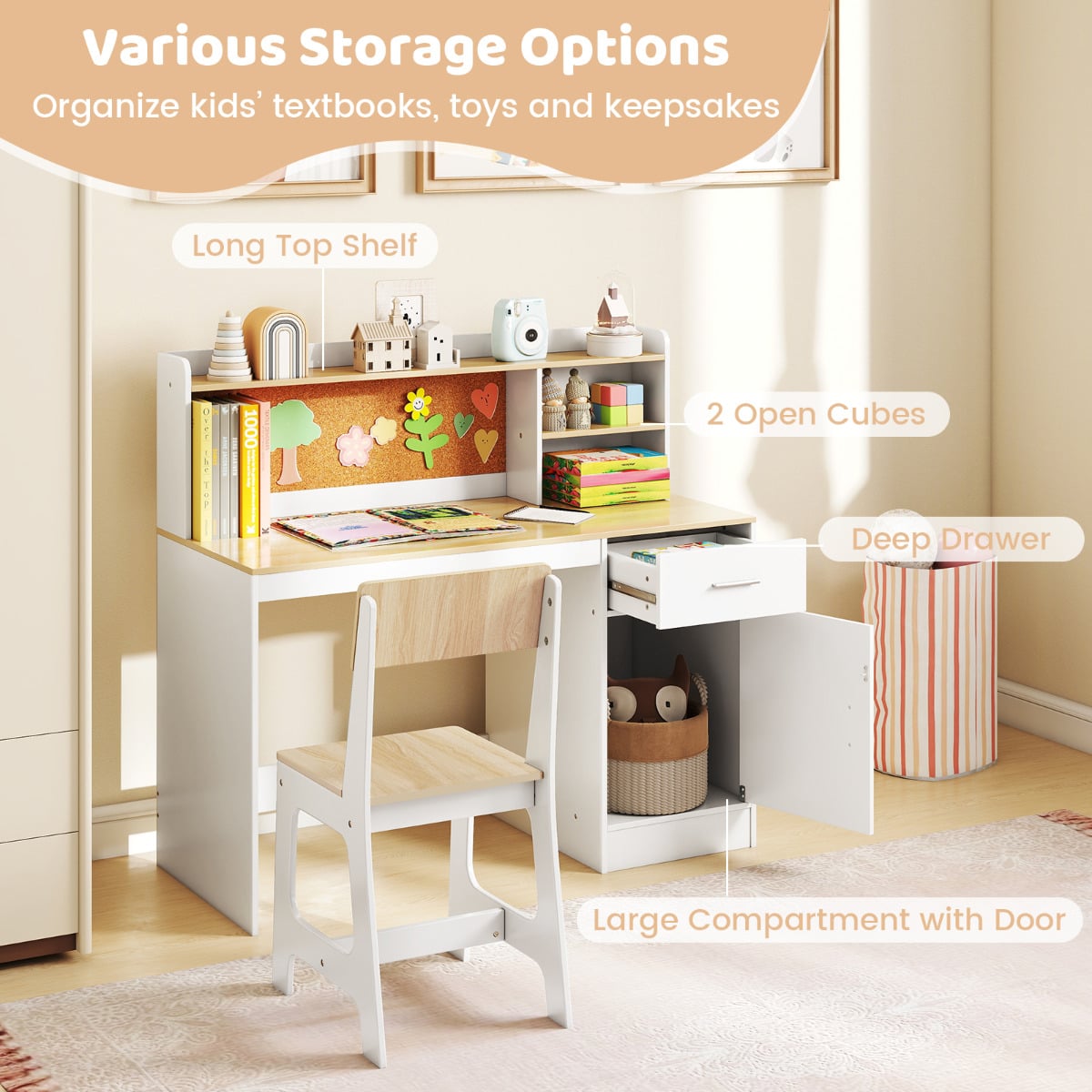Kids Study Desk and Chair Set with Shelves and Storage Cabinet-Natural