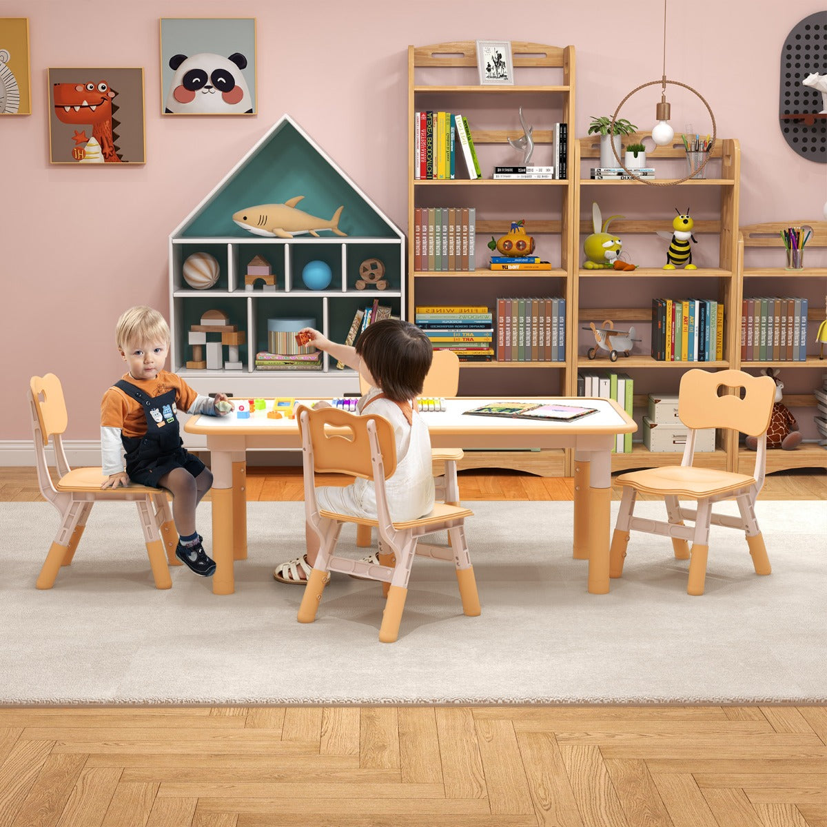 Kids Table and 4 Chairs Set with Graffiti Desktop for Home Daycare School-Natural