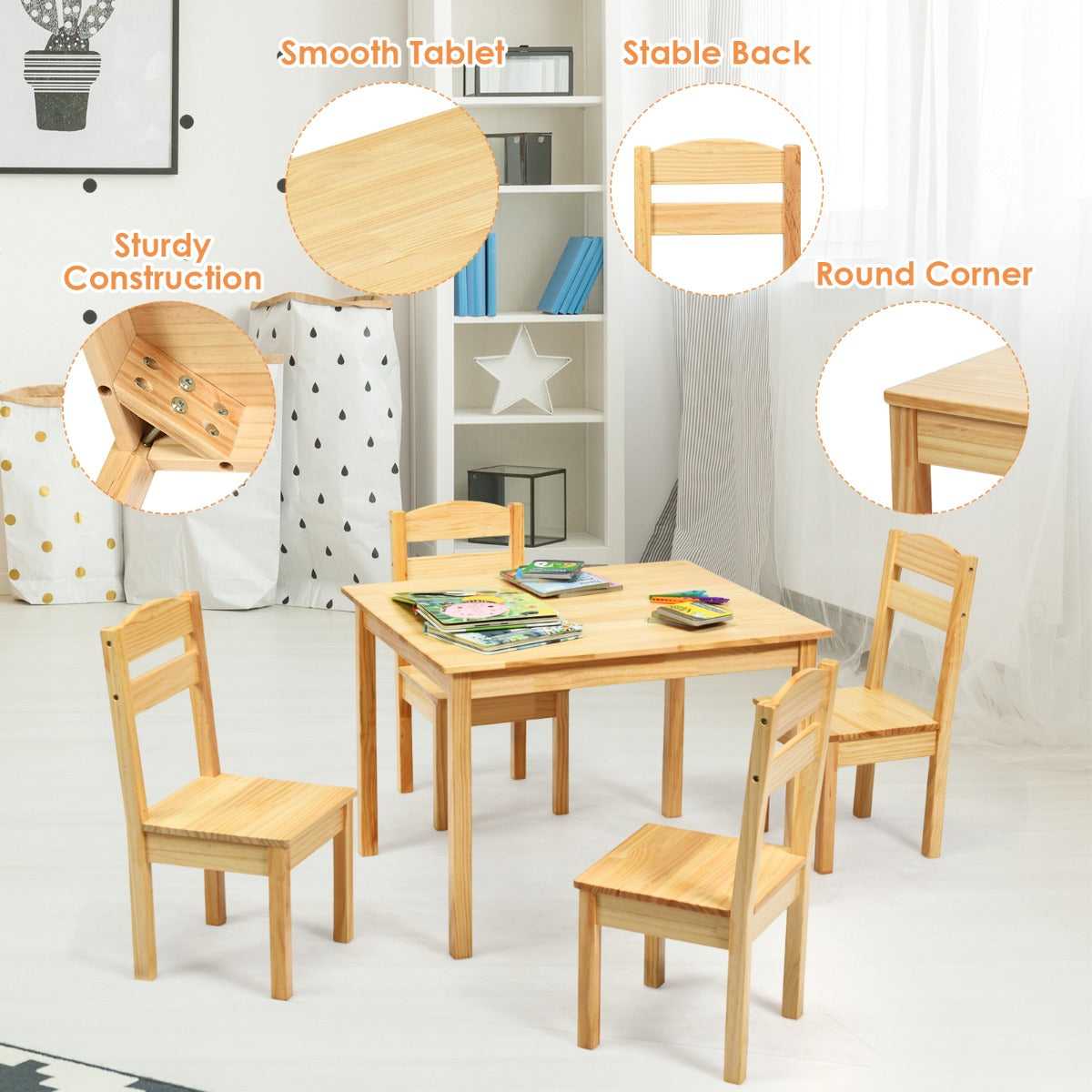 Kids Table and 4 Chairs Set for Toddlers Dining, Drawing, Reading-Natural