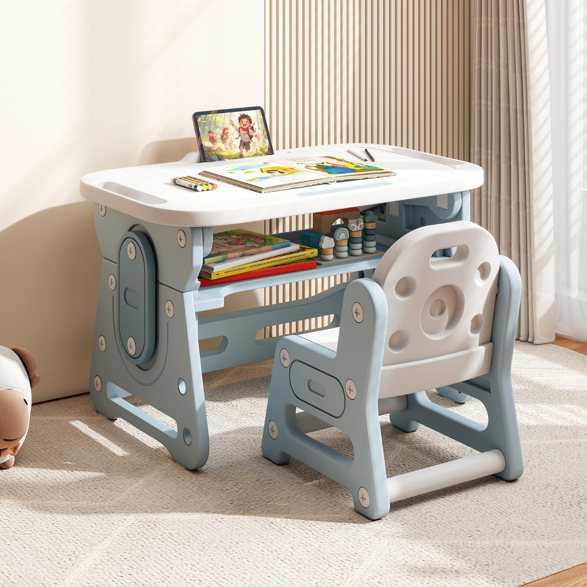 Kids Table and Chair Set with Tiltable Whiteboard and Book Stand-Blue