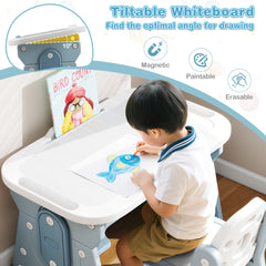 Kids Table and Chair Set with Tiltable Whiteboard and Book Stand-Blue