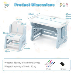 Kids Table and Chair Set with Tiltable Whiteboard and Book Stand-Blue