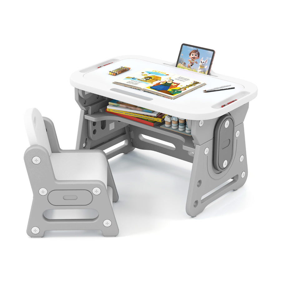 Kids Table and Chair Set with Tiltable Whiteboard and Book Stand-Grey