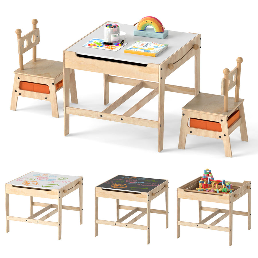 Kids Table and Chairs 4 in 1 Wooden Activity Desk Set (Bear Shape)-Natural