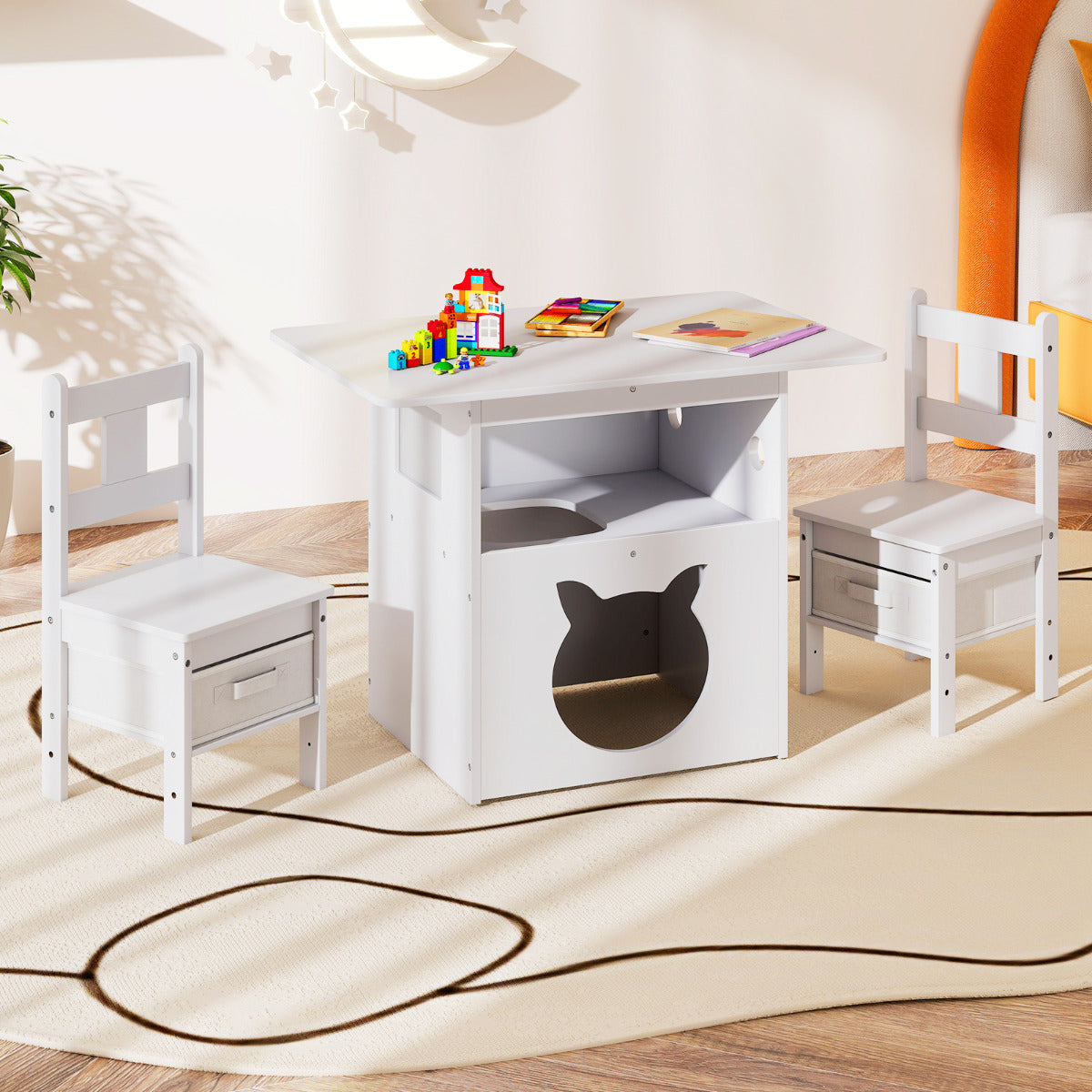 Kids Table and Chairs Set 3 Pieces Wooden Children Furniture with Cat House-White