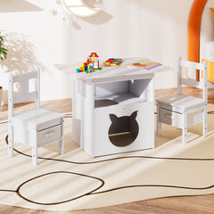 Kids Table and Chairs Set 3 Pieces Wooden Children Furniture with Cat House-White