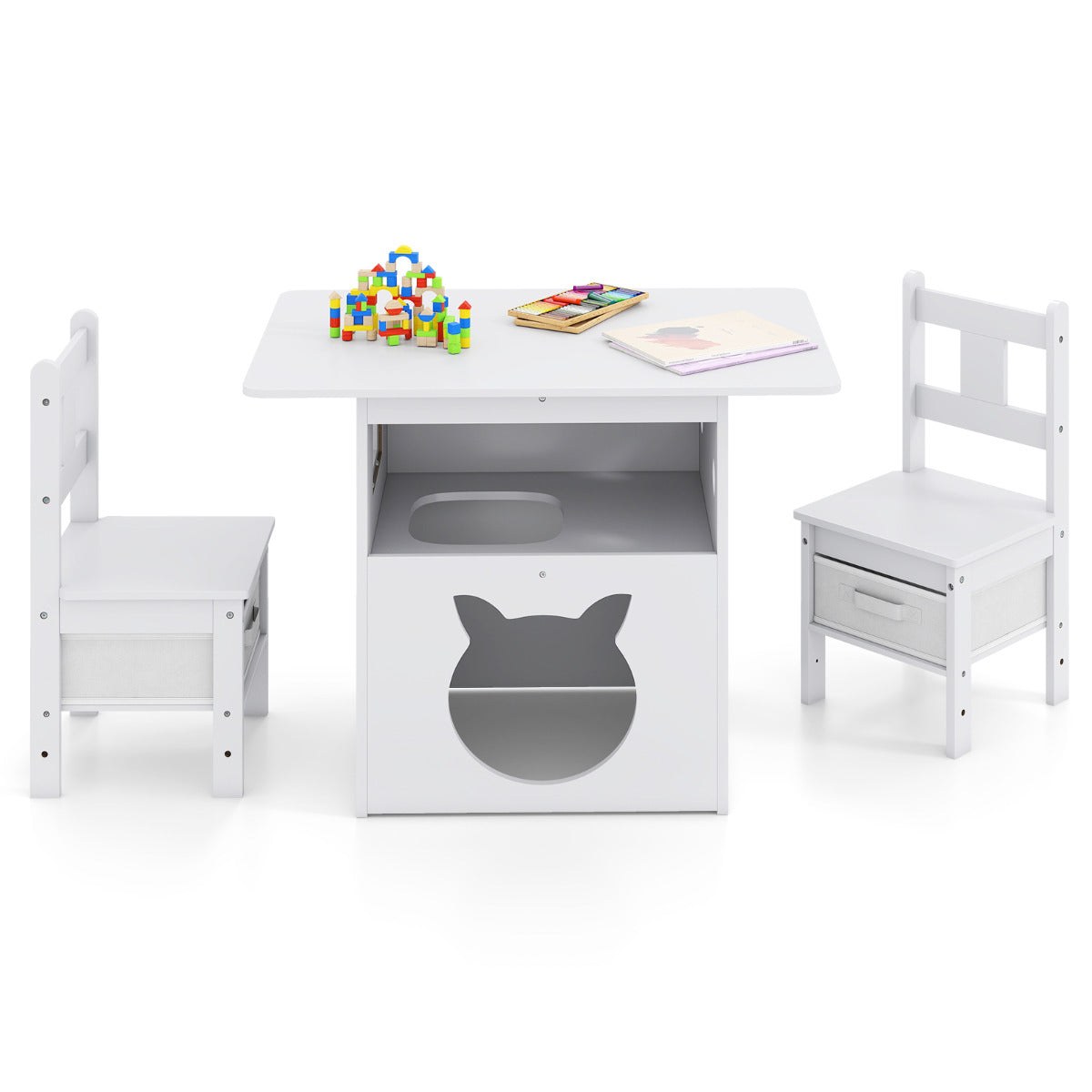 Kids Table and Chairs Set 3 Pieces Wooden Children Furniture with Cat House-White