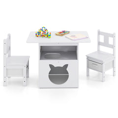 Kids Table and Chairs Set 3 Pieces Wooden Children Furniture with Cat House-White