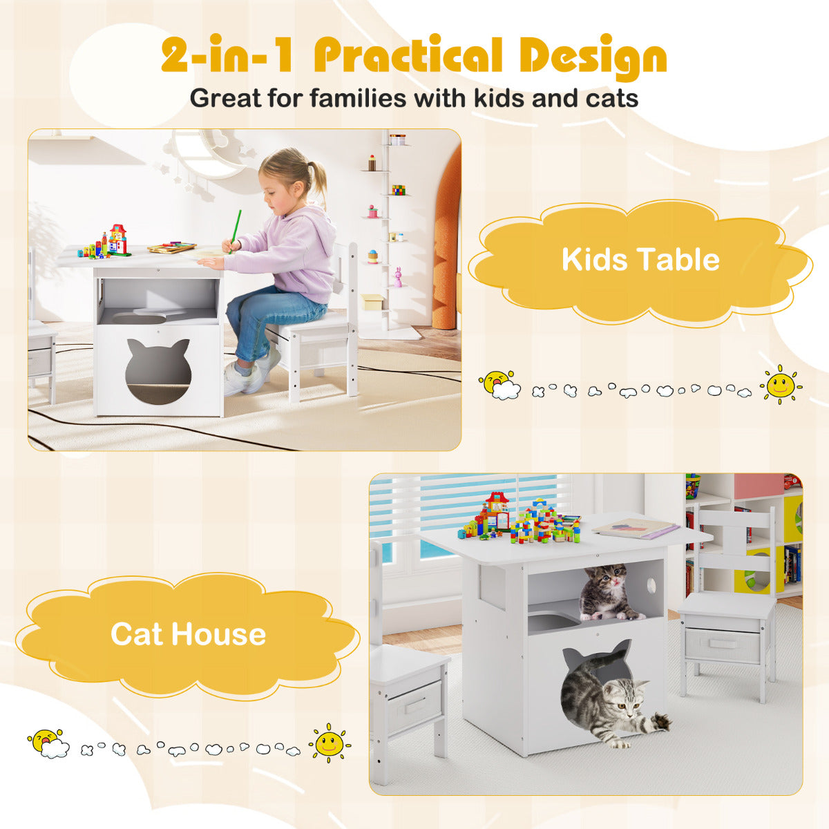 Kids Table and Chairs Set 3 Pieces Wooden Children Furniture with Cat House-White