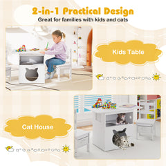 Kids Table and Chairs Set 3 Pieces Wooden Children Furniture with Cat House-White
