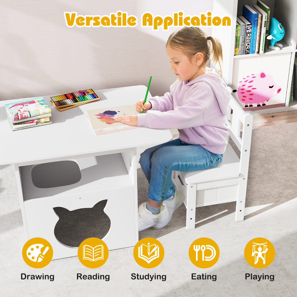 Kids Table and Chairs Set 3 Pieces Wooden Children Furniture with Cat House-White
