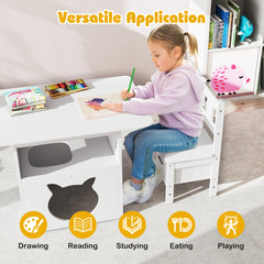Kids Table and Chairs Set 3 Pieces Wooden Children Furniture with Cat House-White