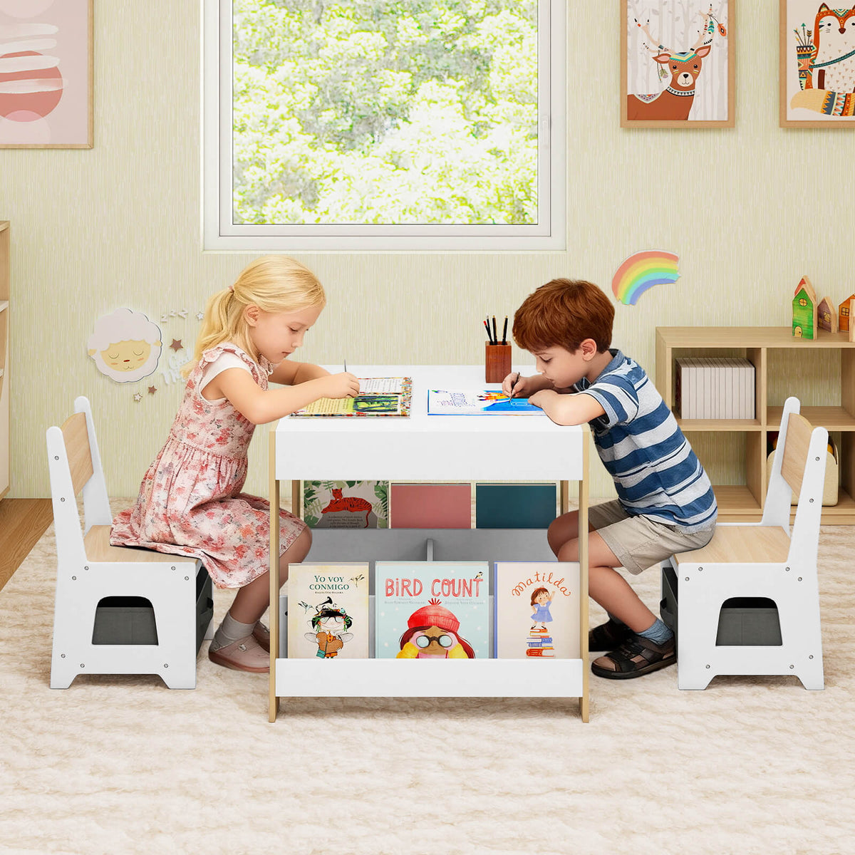 Kids Table and Chairs Set Toddler Wooden Activity Desk-Natural