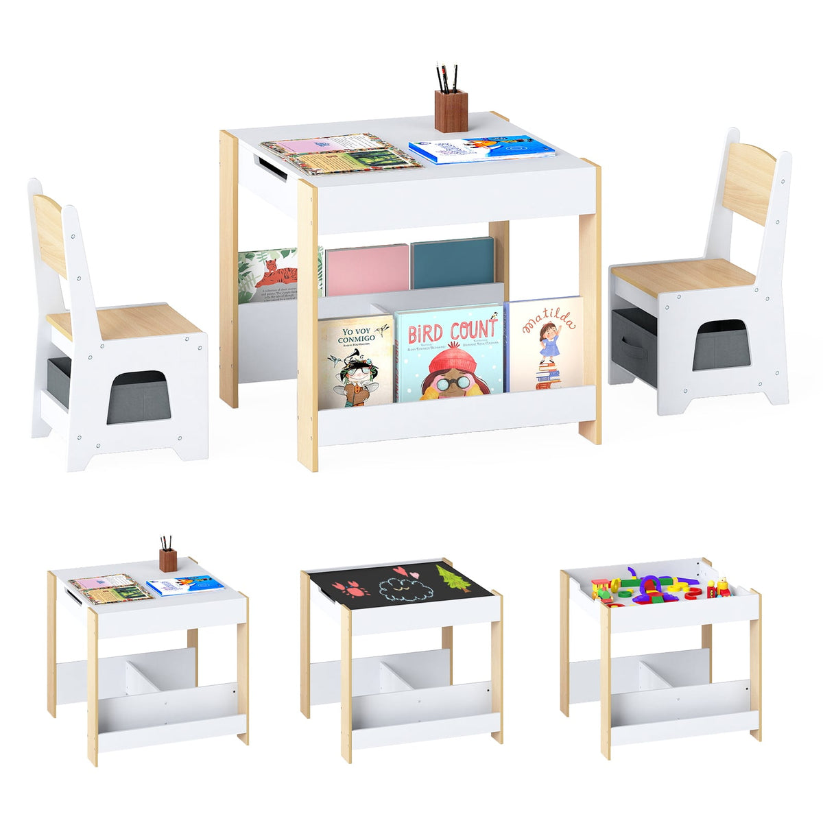 Kids Table and Chairs Set Toddler Wooden Activity Desk-Natural