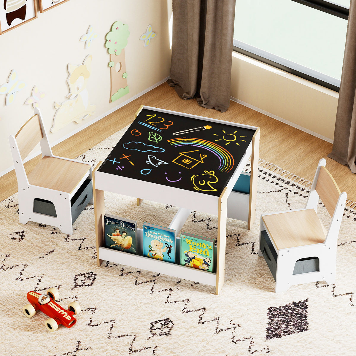 Kids Table and Chairs Set Toddler Wooden Activity Desk-Natural