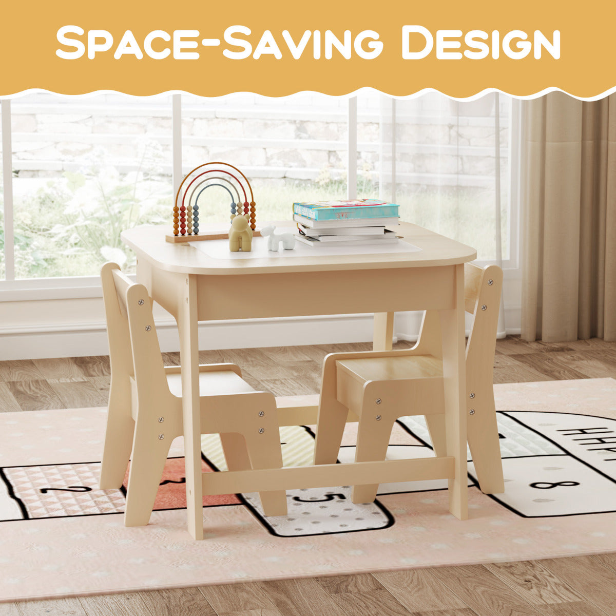 Kids Table and Chairs Set with Double-Sided Tabletop and Hidden Storage-Walnut