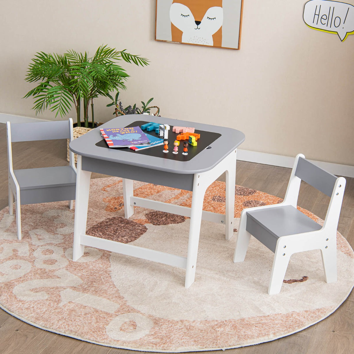 Kids Table and Chairs Set with Double-Sided Tabletop and Hidden Storage-Grey