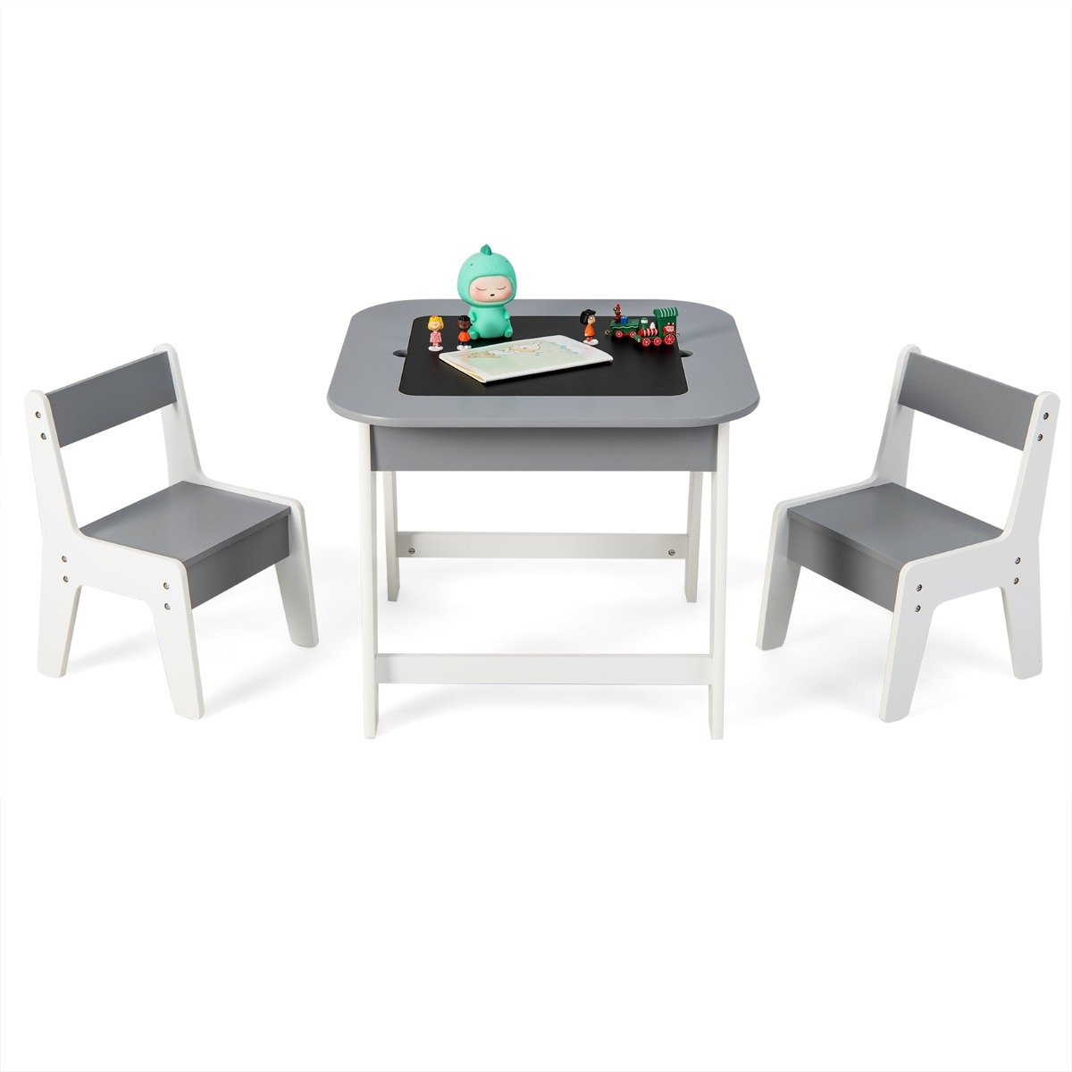 Kids Table and Chairs Set with Double-Sided Tabletop and Hidden Storage-Grey
