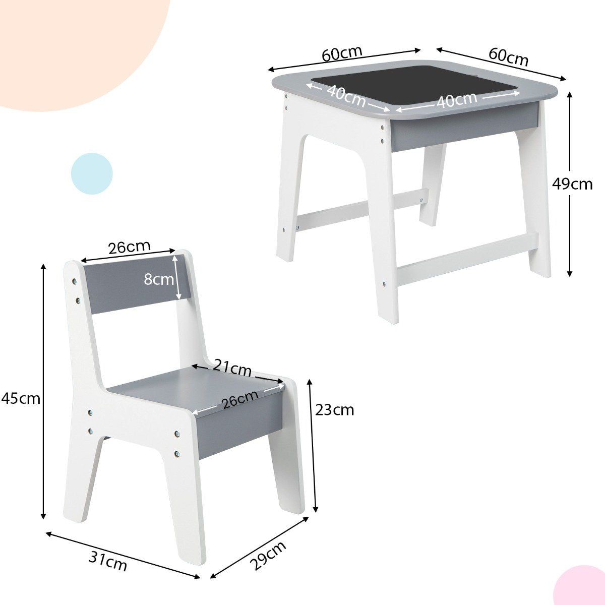Kids Table and Chairs Set with Double-Sided Tabletop and Hidden Storage-Grey