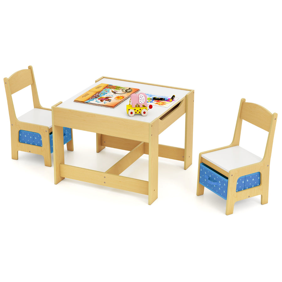 Kids Table Chair Set with Double Side Tabletop Table and Storage Box-Blue