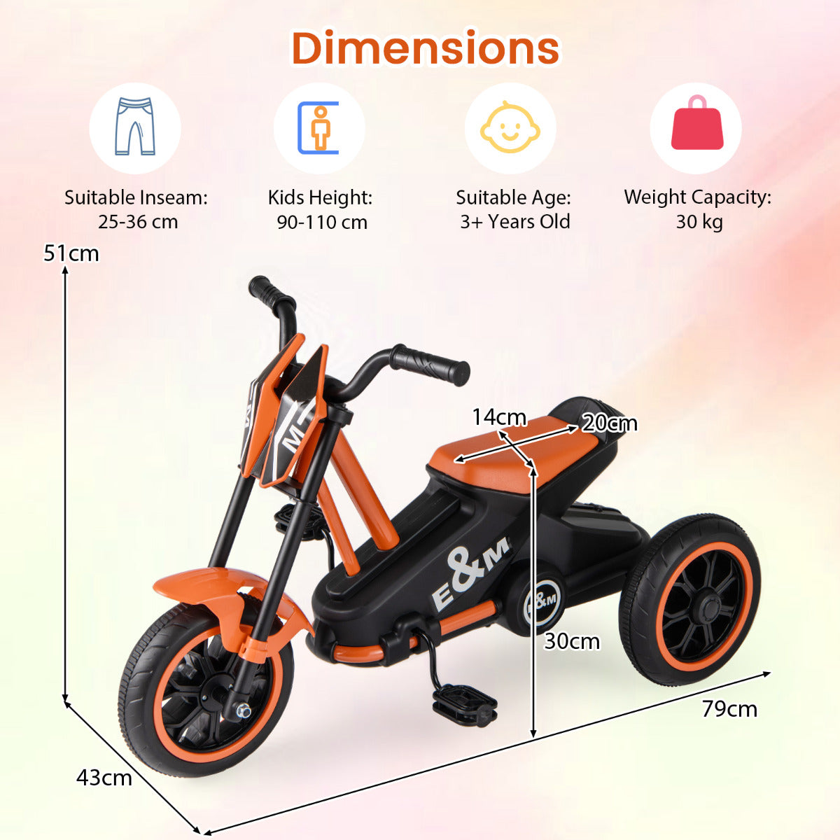 3-Wheel Toddler Bike with Foot Pedals and Steering Handlebars-Orange