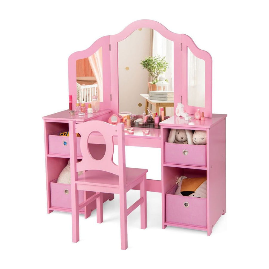 Kids Vanity Desk and Chair 2 in 1 Toddler Makeup Pretend Play Table-Pink