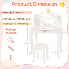 Kids Vanity Set with Lighted Mirror and Adjustable Brightness Pull-out Drawer and Stool-White