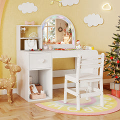 Kids Vanity Table and Chair Set with Lighted Mirror Open Storage Shelves-White