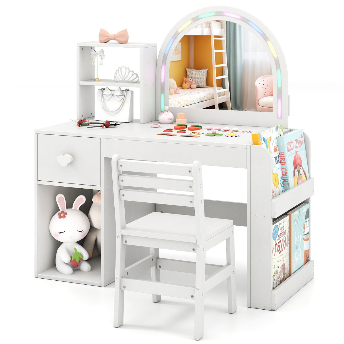 Kids Vanity Table and Chair Set with Lighted Mirror Open Storage Shelves-White