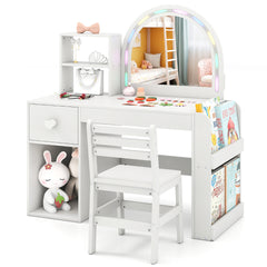 Kids Vanity Table and Chair Set with Lighted Mirror Open Storage Shelves-White