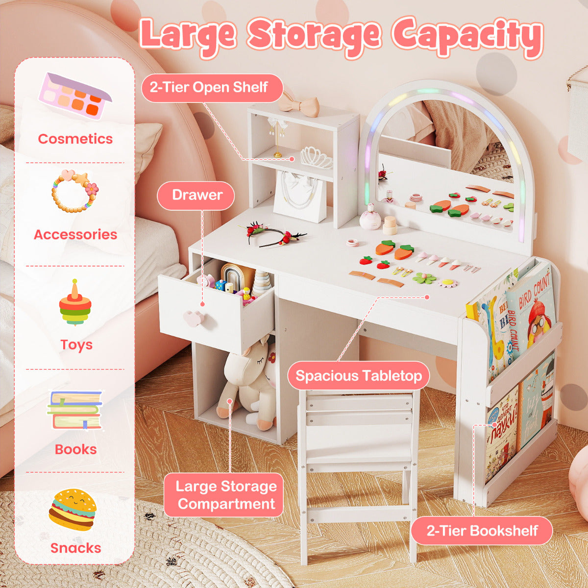 Kids Vanity Table and Chair Set with Lighted Mirror Open Storage Shelves-White