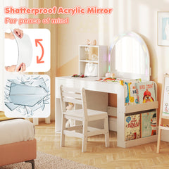 Kids Vanity Table and Chair Set with Lighted Mirror Open Storage Shelves-White