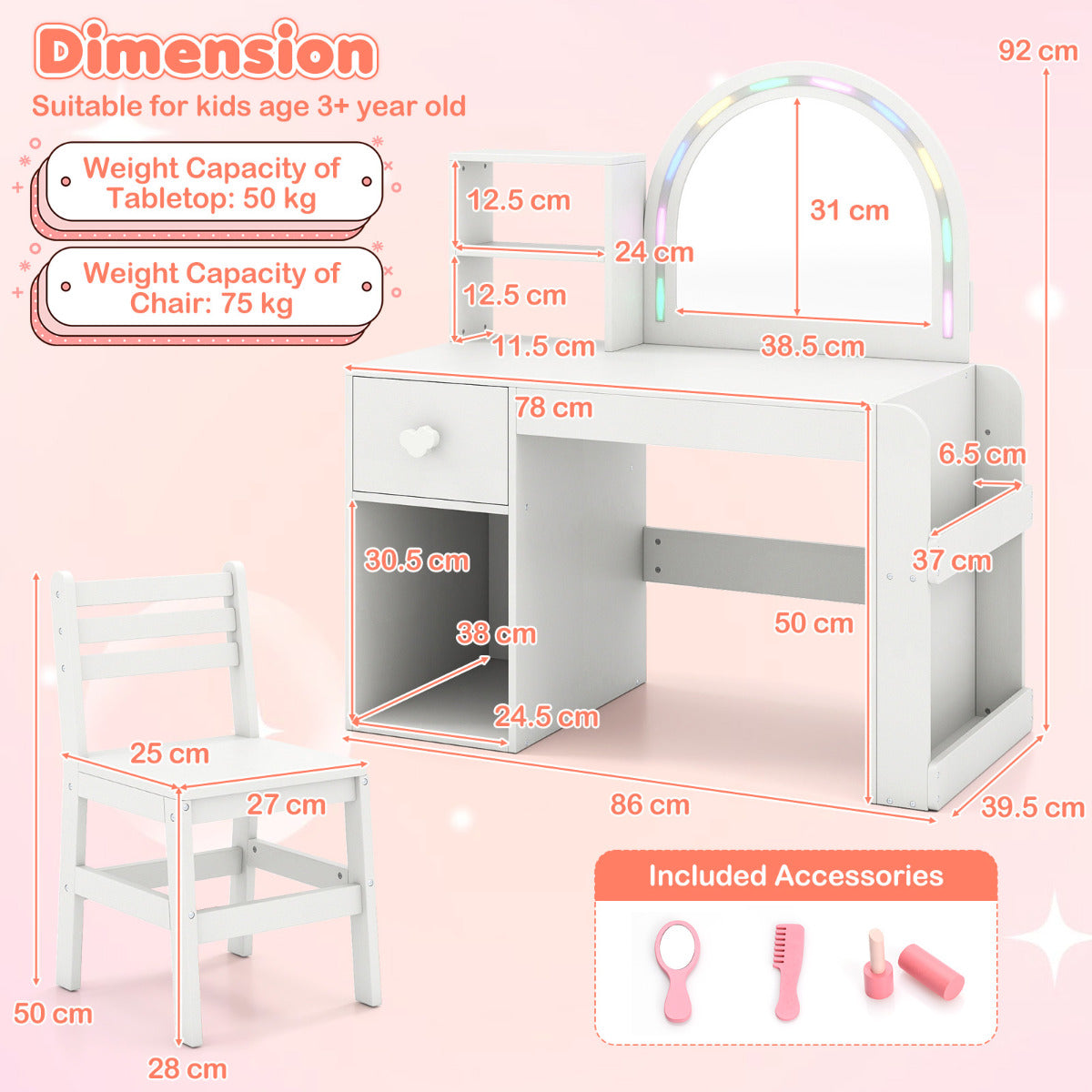 Kids Vanity Table and Chair Set with Lighted Mirror Open Storage Shelves-White